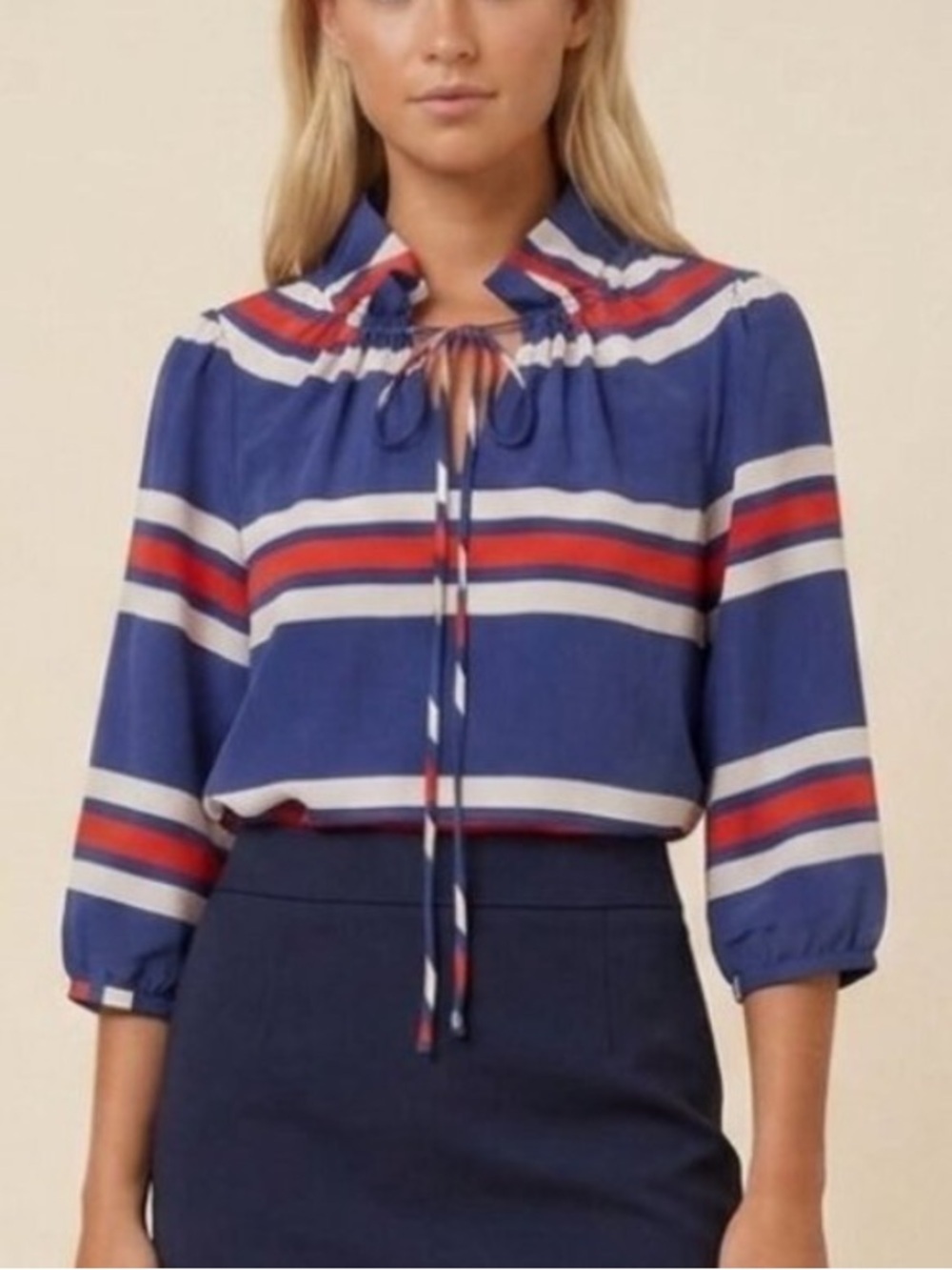 Annie Griffin Navy Blue Silk Stripe Ruffle Blouse Small coastal prep 8491